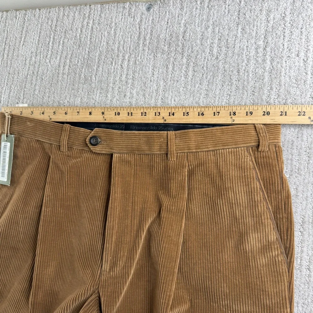 Ermenegildo Zegna Corduroy Pleated Trousers Mens Size 42 Brown Raw Hem